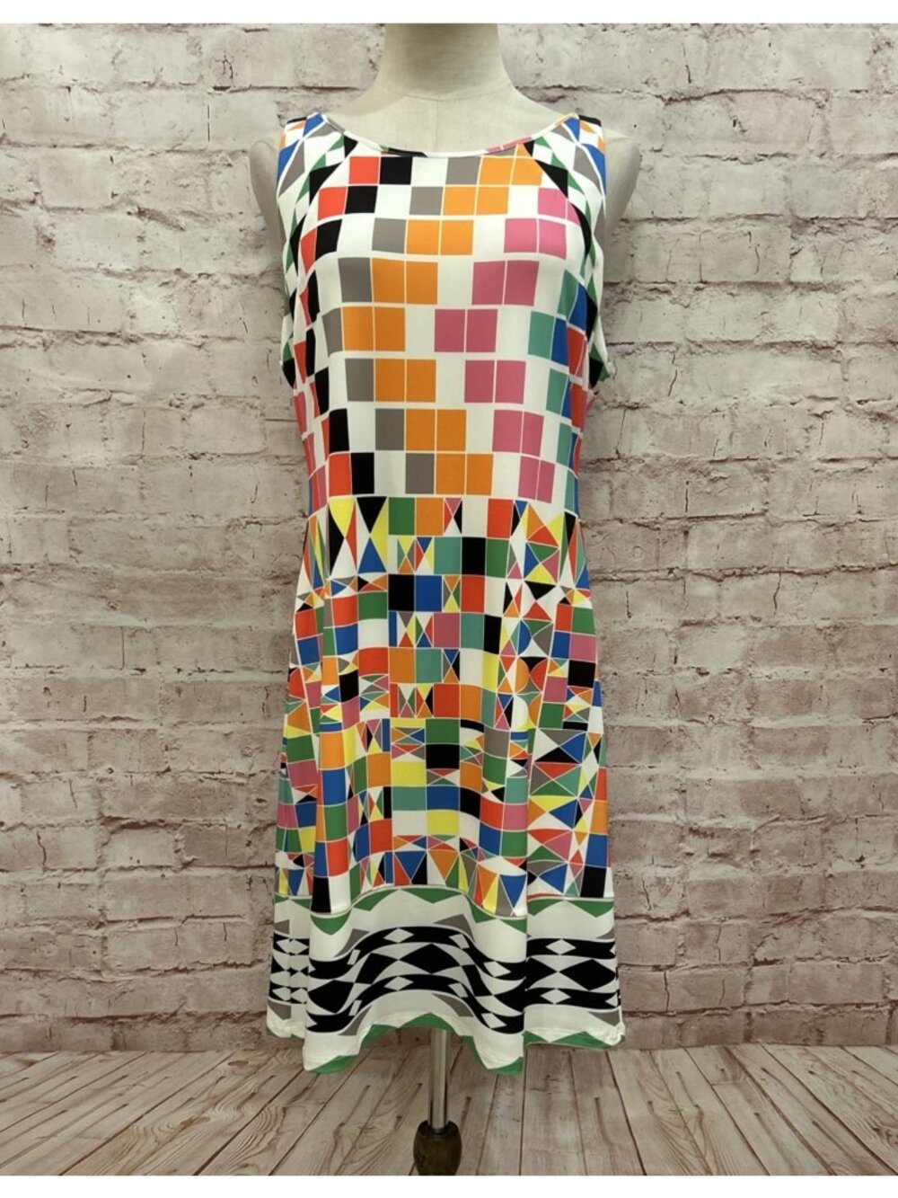Hale Bob Dress Womens M Multicolor Mosaic Geometric Shift Sleeveless Stretch
